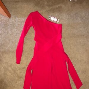 Red one shoulder wide leg pant suit petite
